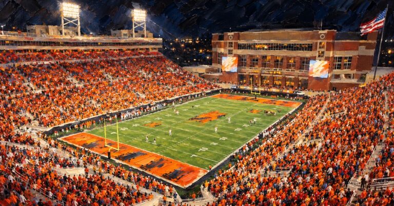Editorial oil painting of Boone Pickens Stadium in Stillwater