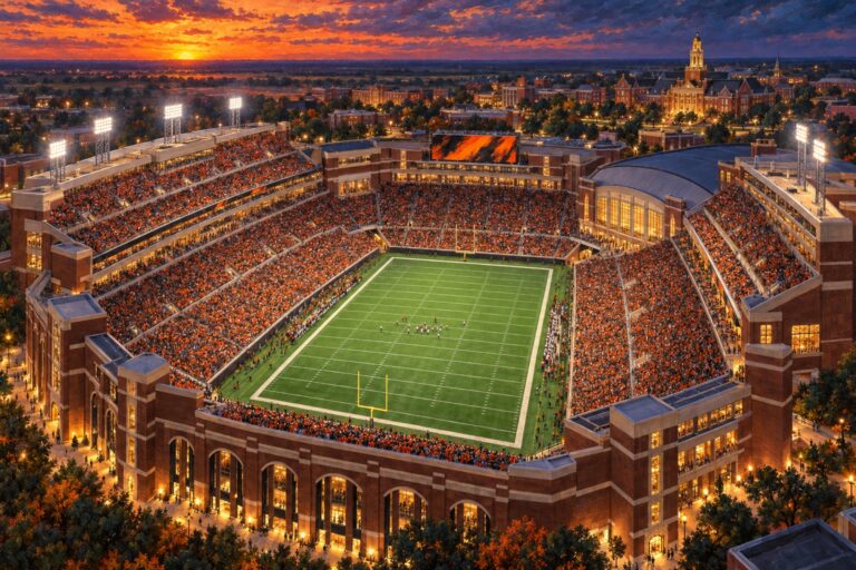 Painterly aerial view of a packed sunset football game at Boone Pickens Stadium in Stillwater