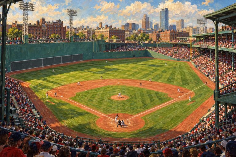 Oil painting of Fenway Park on baseball game day
