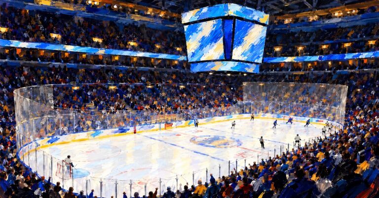 Editorial oil painting of Enterprise Center in St. Louis