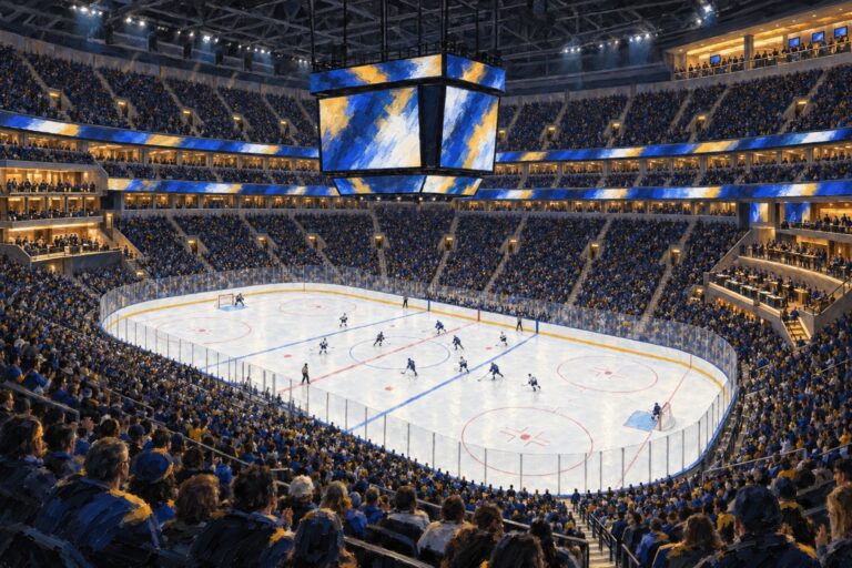 Illustrated interior of Enterprise Center in St. Louis during a professional ice hockey game