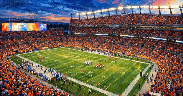 Editorial oil painting of Empower Field at Mile High in Denver