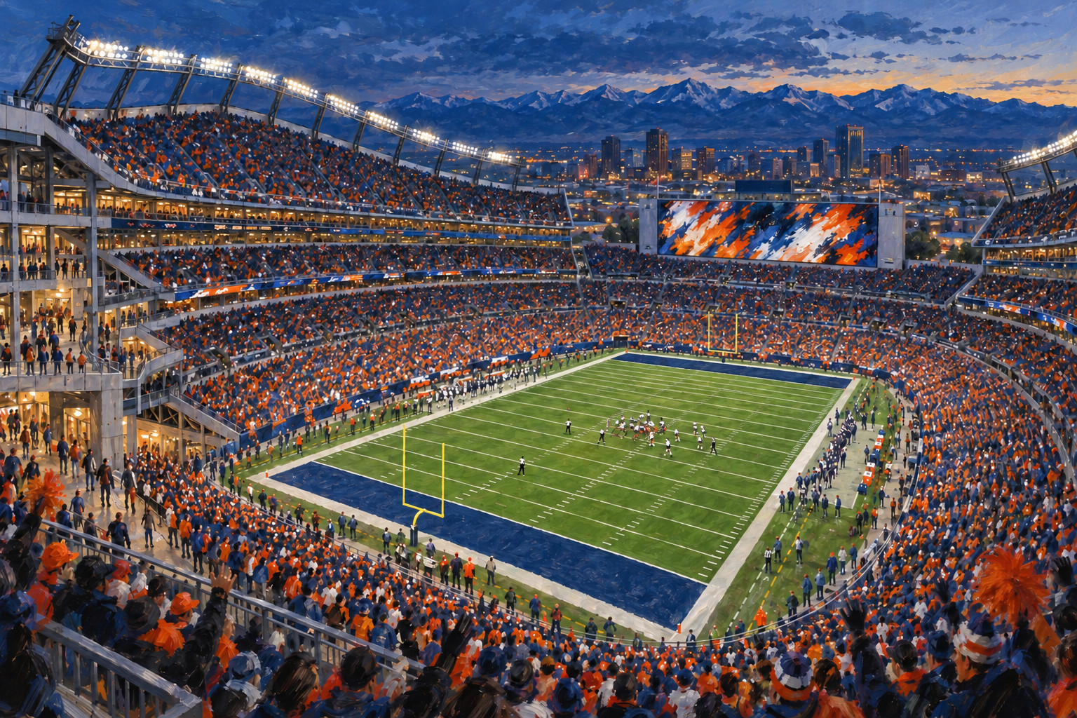 Oil painting of Empower Field at Mile High in Denver during a football game day