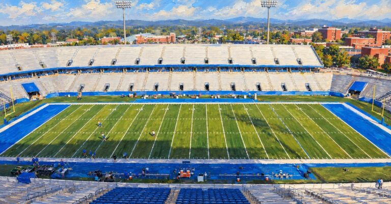 Editorial oil painting of Floyd Stadium in Murfreesboro, with abstracted figures and unbranded surfaces.