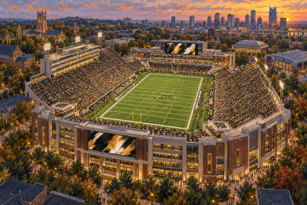 Oil painting of FirstBank Stadium in Nashville during a packed Vanderbilt football game at sunset