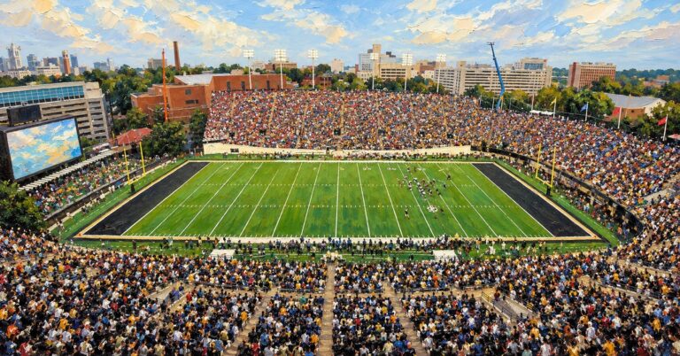 Editorial oil painting of FirstBank Stadium in Nashville, with abstracted figures and unbranded surfaces.