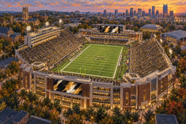 Oil painting of FirstBank Stadium in Nashville during a packed Vanderbilt football game at sunset
