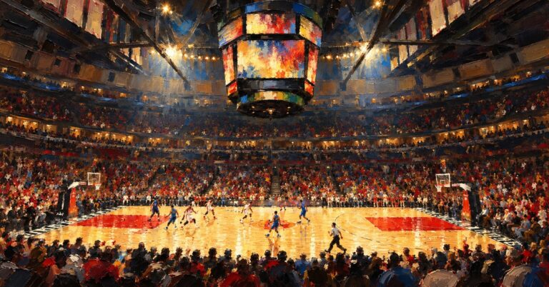 Editorial oil painting inspired by United Center in Chicago, with abstracted figures and unbranded architectural details.