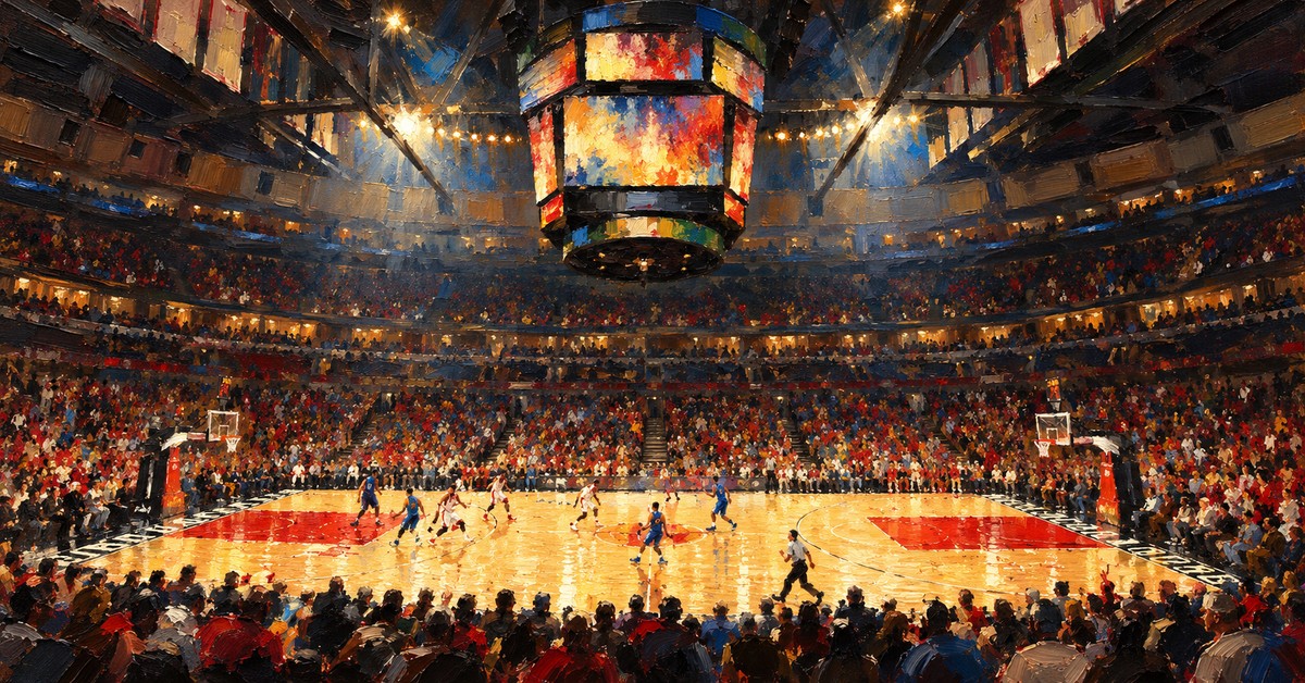 Editorial oil painting inspired by United Center in Chicago, with abstracted figures and unbranded architectural details.