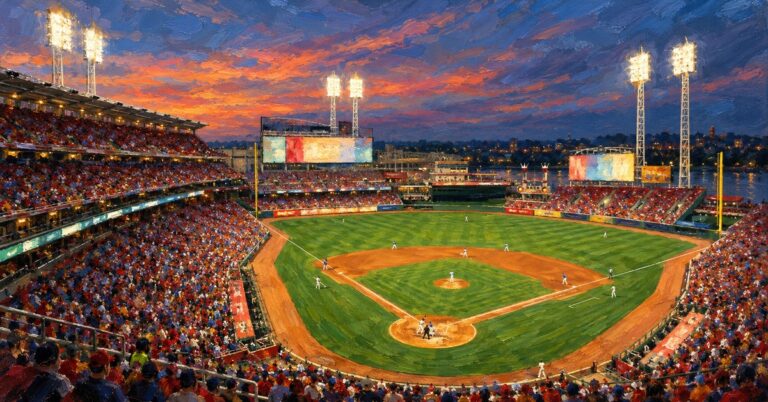 Editorial oil painting of Great American Ball Park in Cincinnati, with abstracted figures and unbranded surfaces.