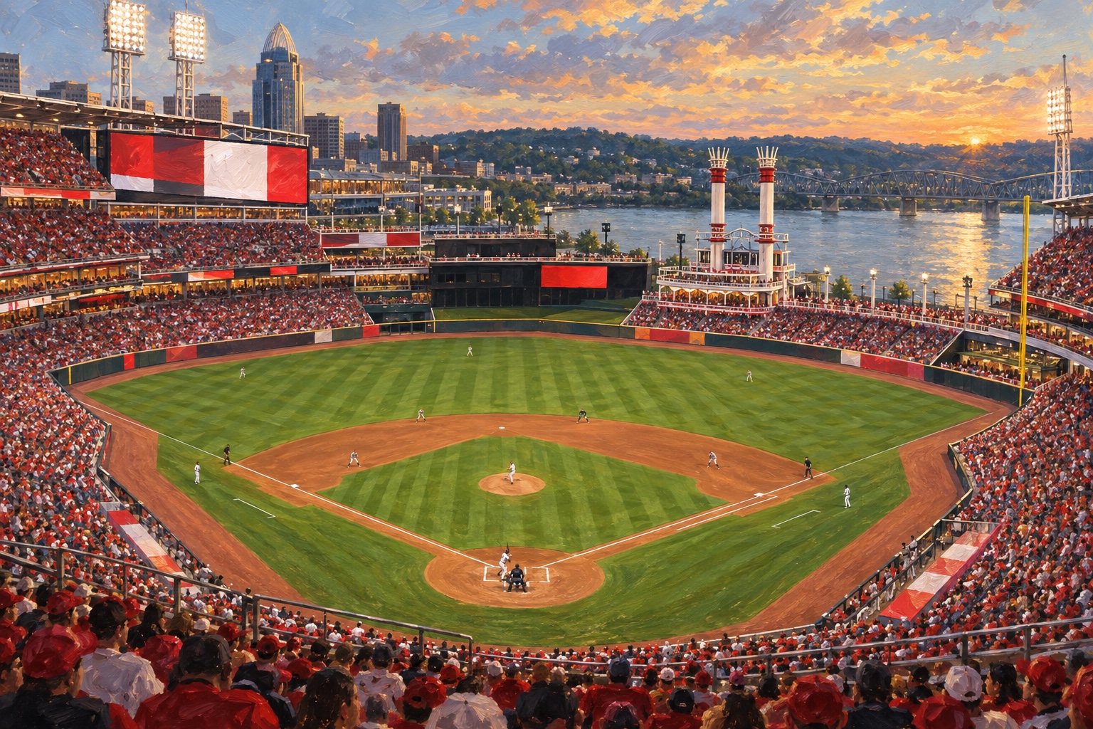 Oil painting of Great American Ball Park on baseball game day