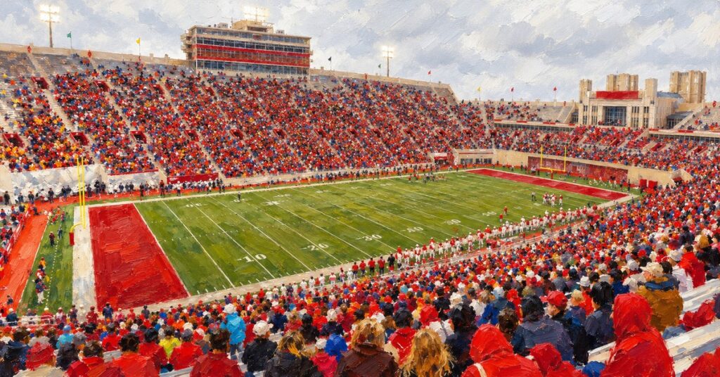 Editorial oil painting of Merchants Bank Field at Memorial Stadium in Bloomington, with abstracted figures and unbranded surfaces.