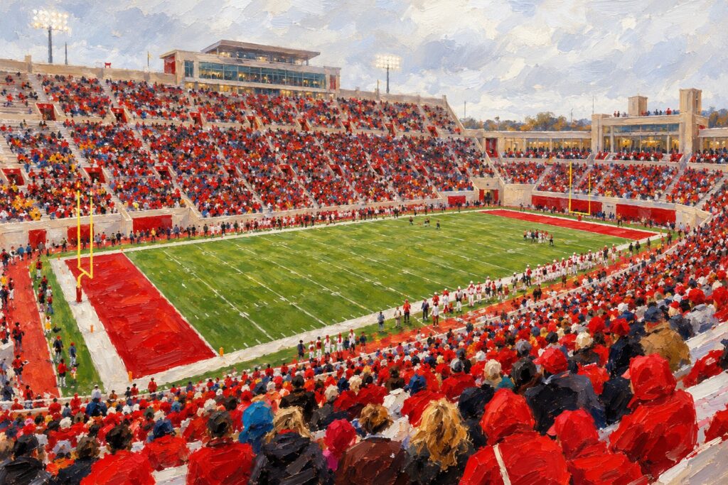 Editorial oil painting of a sports venue