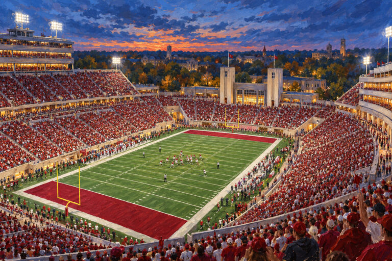 Oil painting of Merchants Bank Field at Memorial Stadium on game day