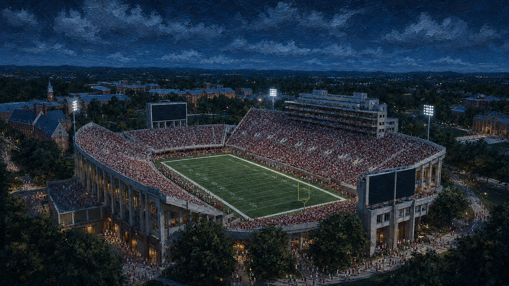 Painterly blue-hour illustration of Memorial Stadium in Bloomington, with an Indiana crimson-and-cream crowd and illuminated field