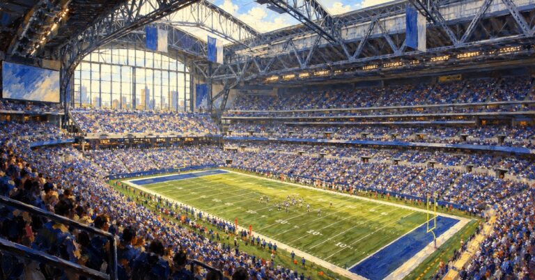 Editorial oil painting of Lucas Oil Stadium in Indianapolis, with abstracted figures and unbranded surfaces.