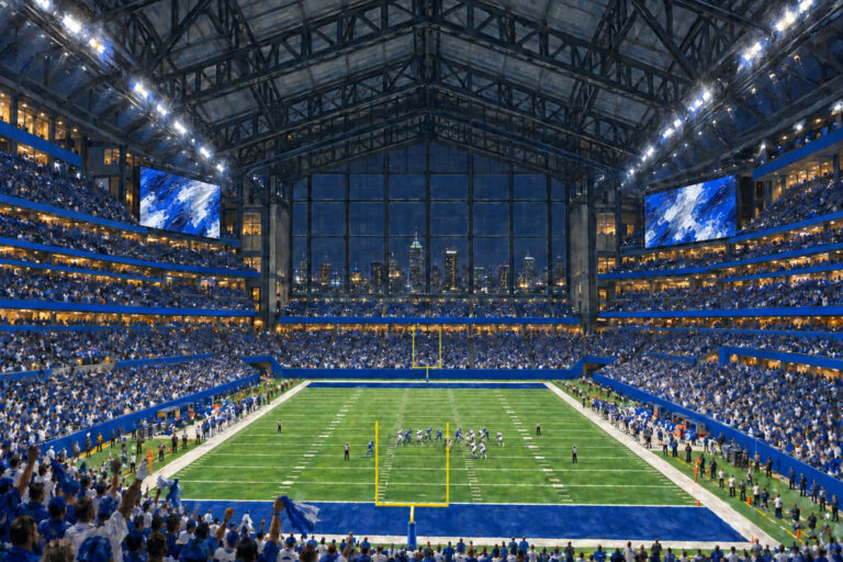 Oil painting of Lucas Oil Stadium in Indianapolis during a football game day
