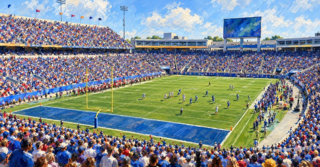 Editorial oil painting of Kroger Field in Lexington, with abstracted figures and unbranded surfaces.