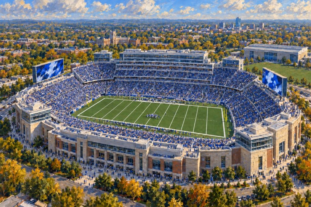 Oil painting of Kroger Field in Lexington during a packed Kentucky football game in autumn