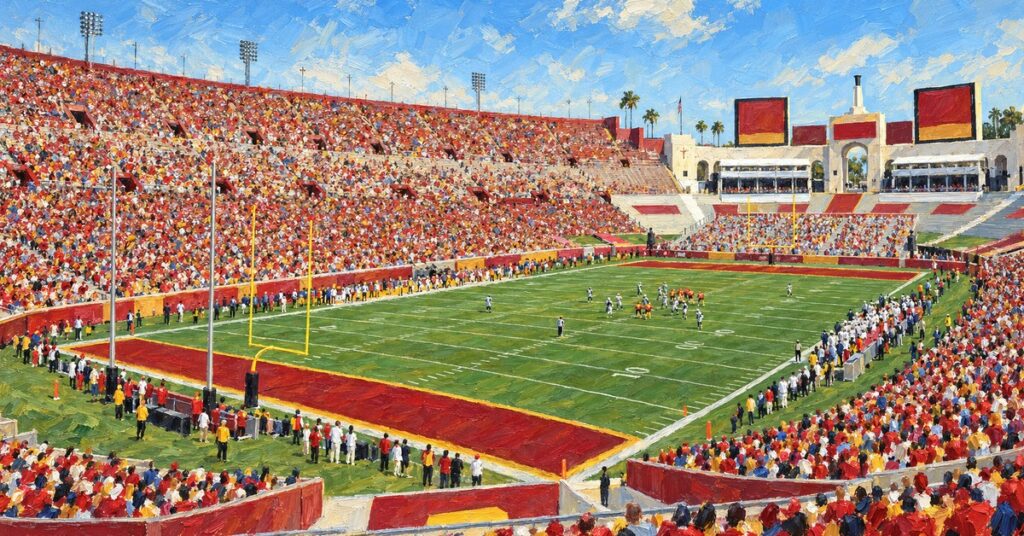 Editorial oil painting of Los Angeles Memorial Coliseum in Los Angeles, with anonymous figures and unbranded venue surfaces.