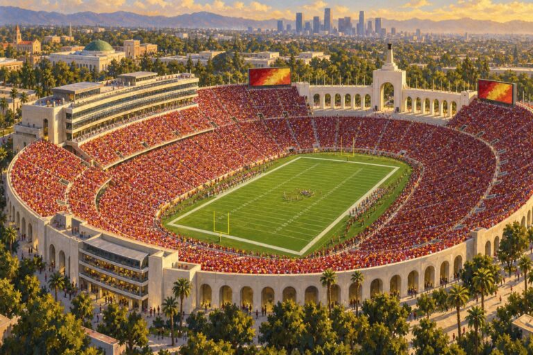 Oil painting of the Los Angeles Memorial Coliseum during a USC college football game