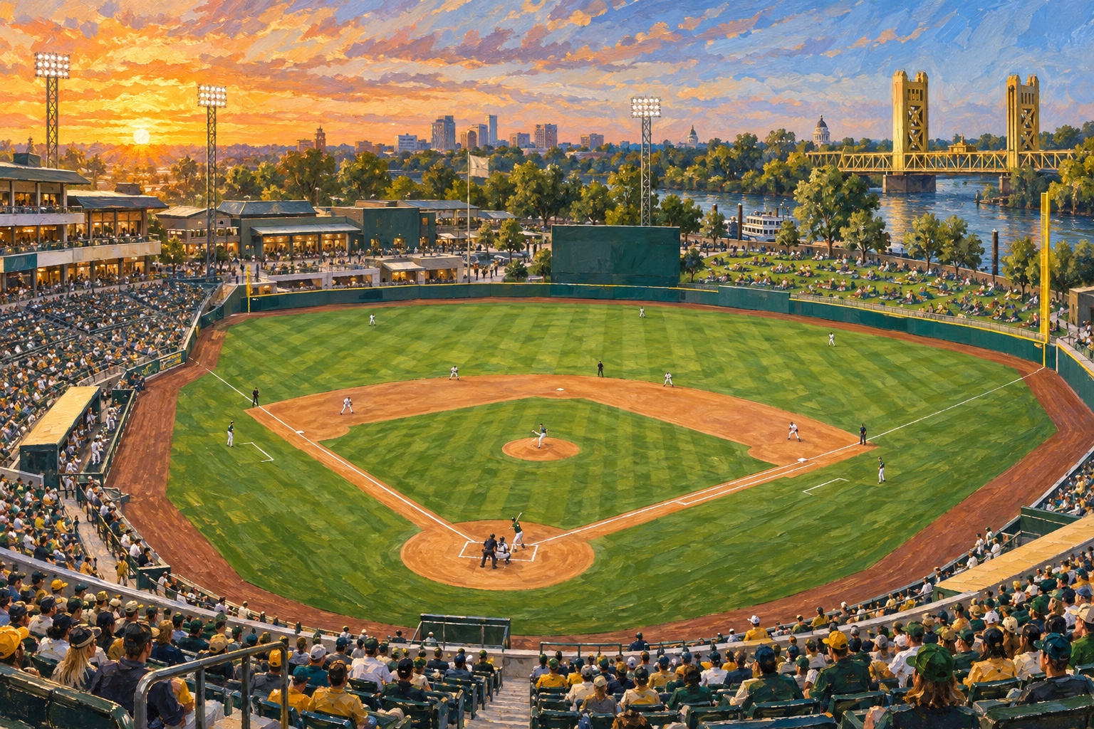 Oil painting of Sutter Health Park on baseball game day