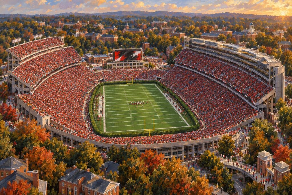 Oil painting of Sanford Stadium in Athens during a packed Georgia football game between the hedges
