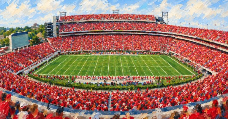 Editorial oil painting of Sanford Stadium in Athens, with anonymous figures and unbranded venue surfaces.
