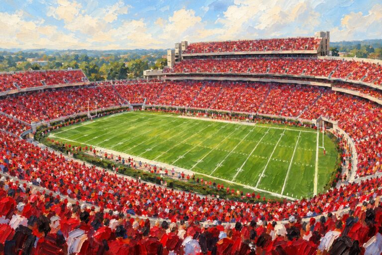 Editorial oil painting of a sports venue with expressive brushwork.