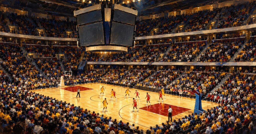 Editorial oil painting of Rocket Arena in Cleveland, with anonymous figures and unbranded venue surfaces.