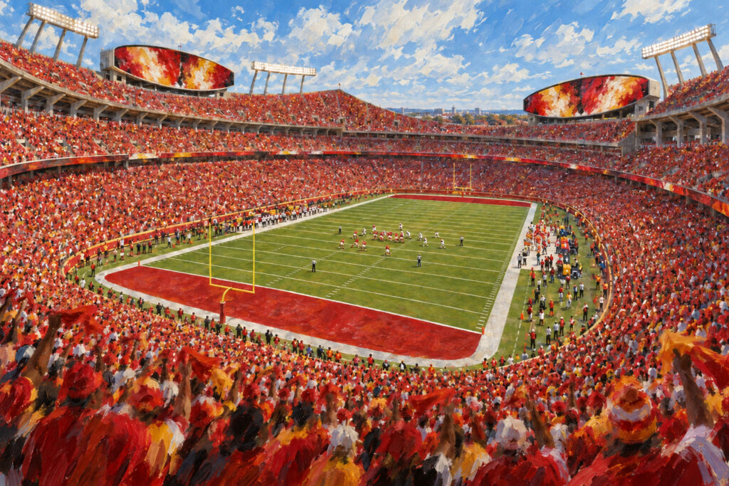 Oil painting of Arrowhead Stadium in Kansas City during a football game day