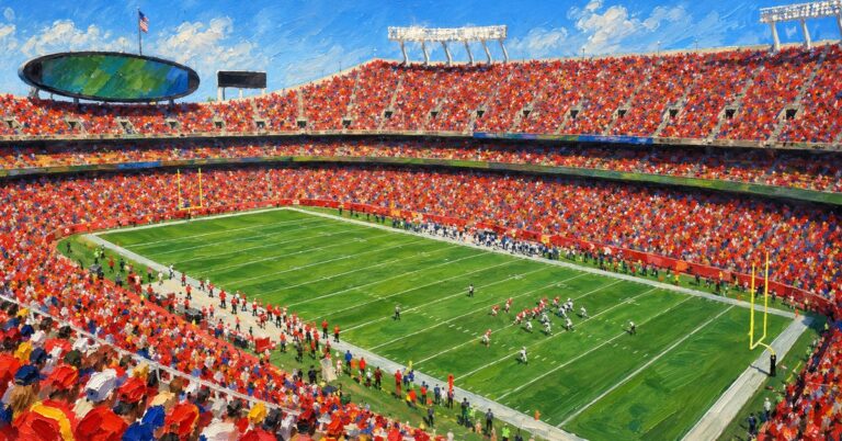 Editorial oil painting of Arrowhead Stadium in Kansas City, with anonymous figures and unbranded venue surfaces.