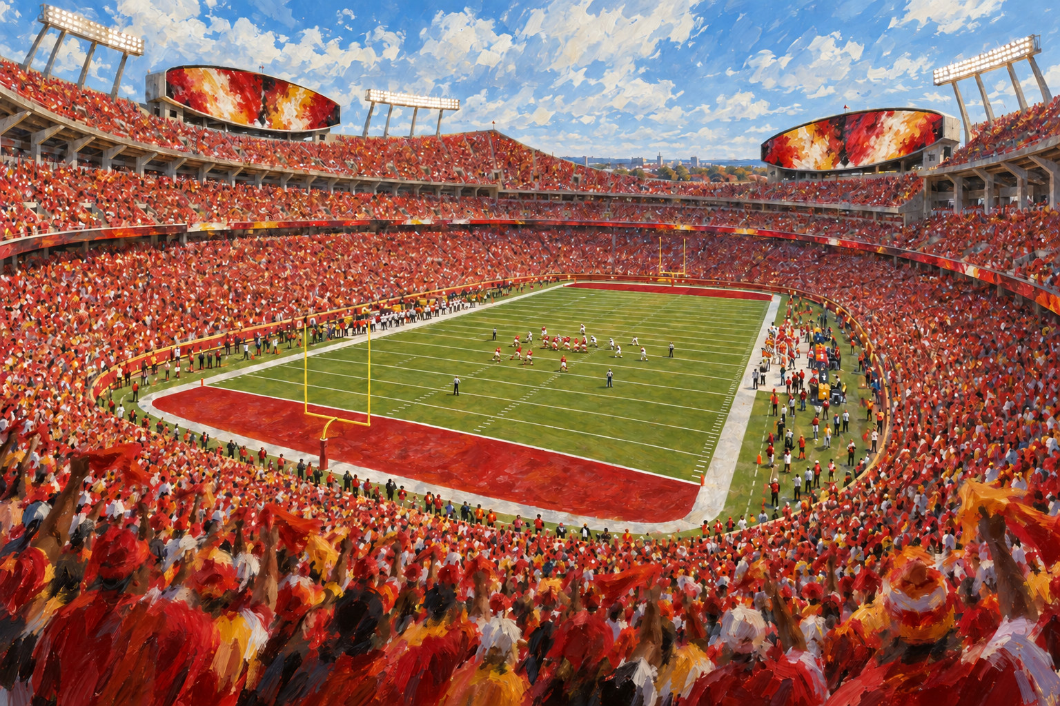 Oil painting of Arrowhead Stadium in Kansas City during a football game day