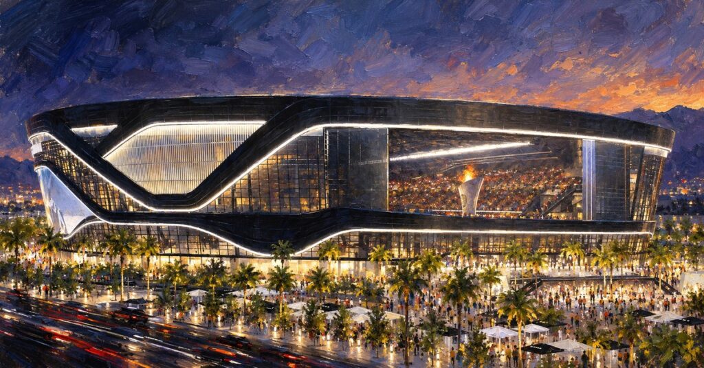 Editorial oil painting of Allegiant Stadium in Las Vegas, with anonymous figures and unbranded venue surfaces.