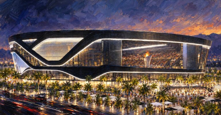 Editorial oil painting of Allegiant Stadium in Las Vegas, with anonymous figures and unbranded venue surfaces.