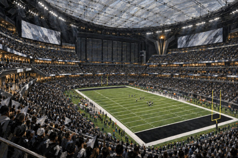 Painterly elevated interior view of Allegiant Stadium in Las Vegas, showing its closed translucent cable-net roof, dark occupied bowl, memorial torch, and football field.