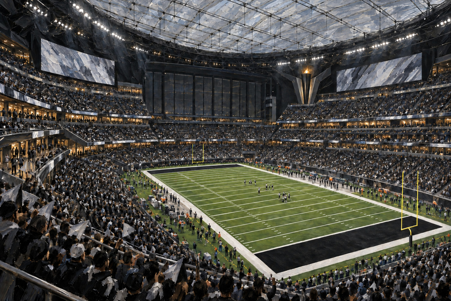 Painterly elevated interior view of Allegiant Stadium in Las Vegas, showing its closed translucent cable-net roof, dark occupied bowl, memorial torch, and football field.