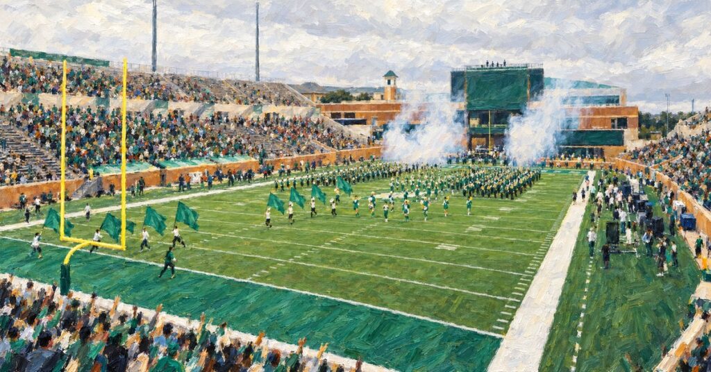Editorial oil painting of Apogee Stadium in Denton, with anonymous figures and unbranded venue surfaces.
