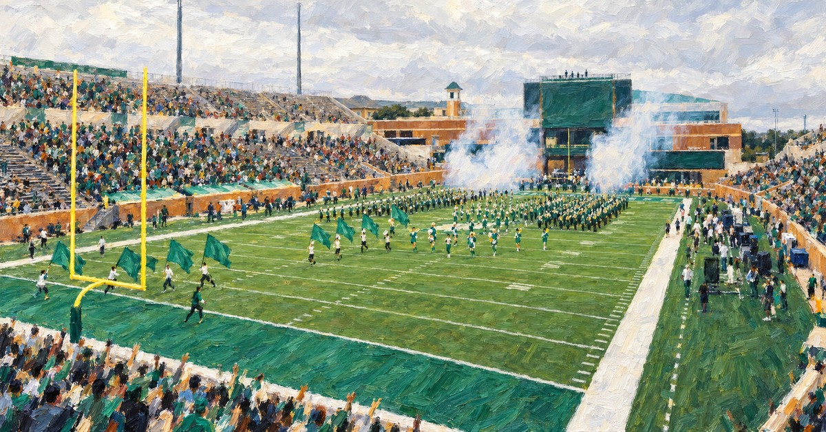 Editorial oil painting of Apogee Stadium in Denton, with anonymous figures and unbranded venue surfaces.