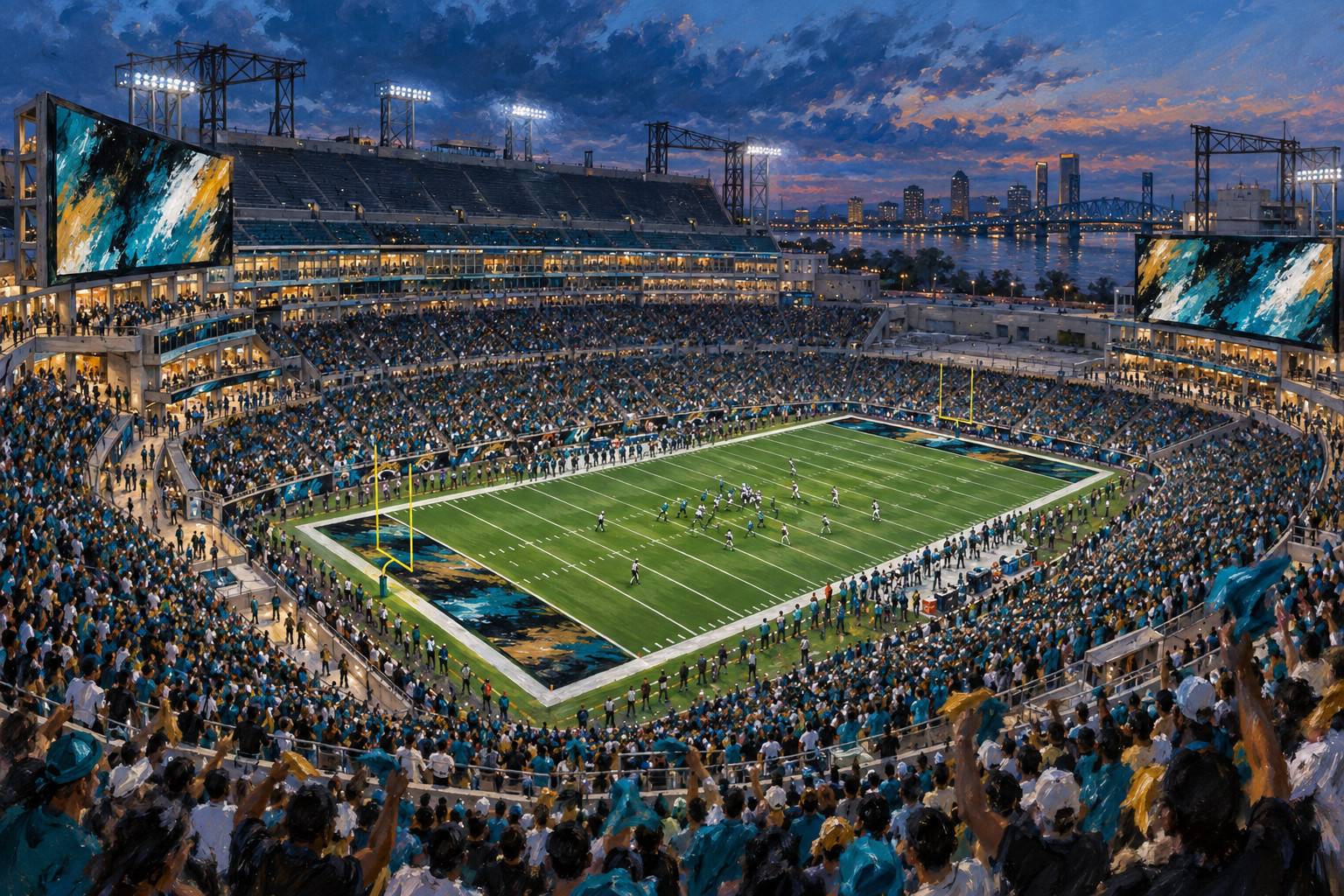 Oil painting of EverBank Stadium in Jacksonville during a 2026 football game day