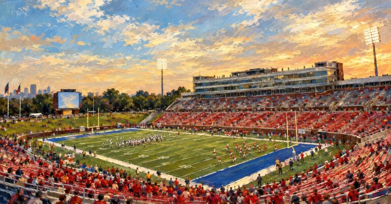 Editorial oil painting of Gerald J. Ford Stadium in Dallas.