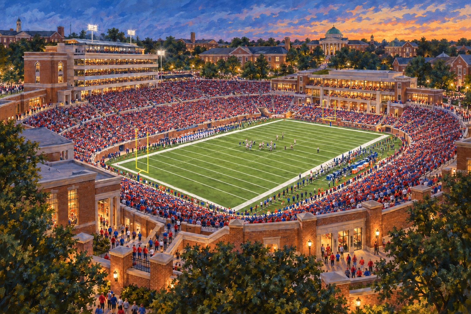 Oil painting of Gerald J. Ford Stadium during a packed SMU football game