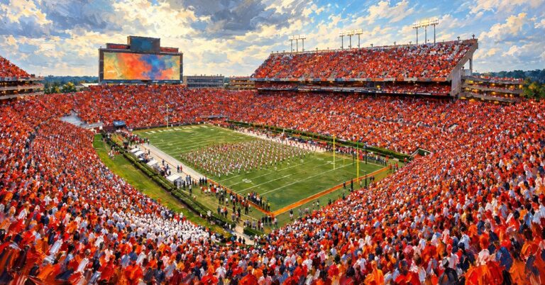 Editorial oil painting of Jordan-Hare Stadium in Auburn.