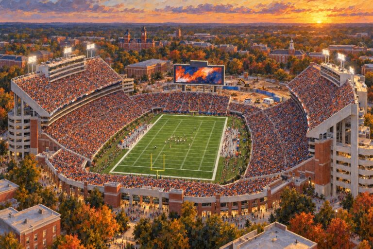 Oil painting of Jordan-Hare Stadium in Auburn during a packed football game with the north end under construction