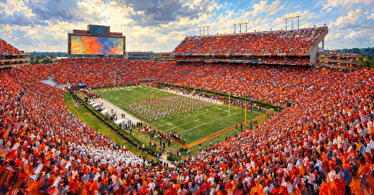 Editorial oil painting of Jordan-Hare Stadium in Auburn.
