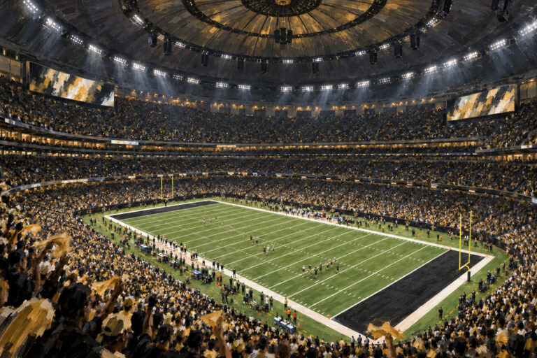 Painterly elevated interior view of Caesars Superdome in New Orleans, showing its fixed circular roof, immense occupied black-and-gold bowl, and football field.