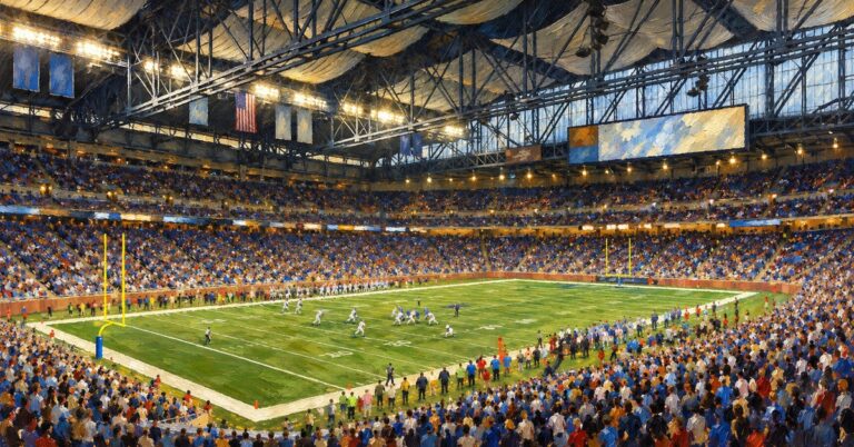 Editorial oil painting of Ford Field in Detroit.
