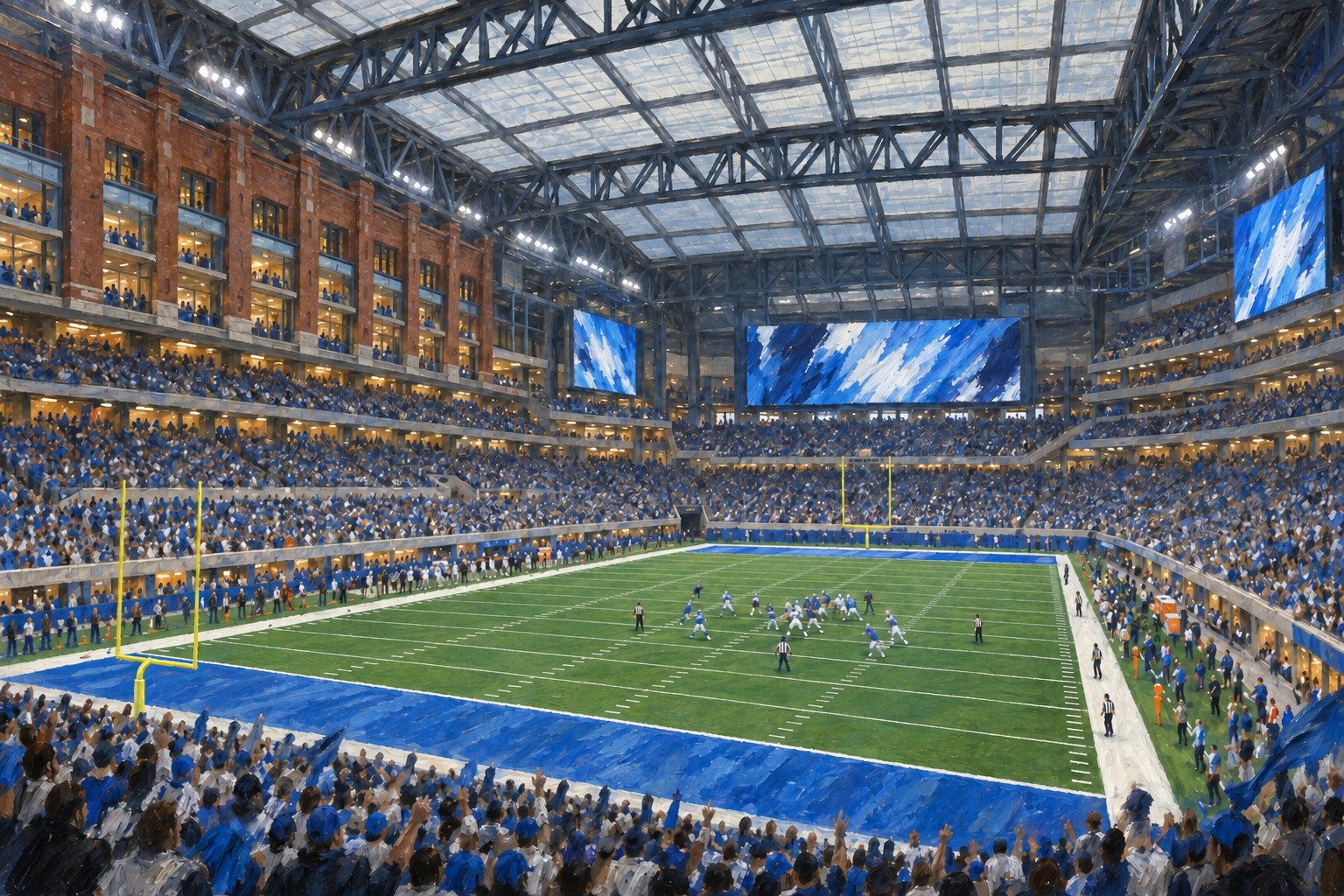 Oil painting of Ford Field in Detroit during a football game day