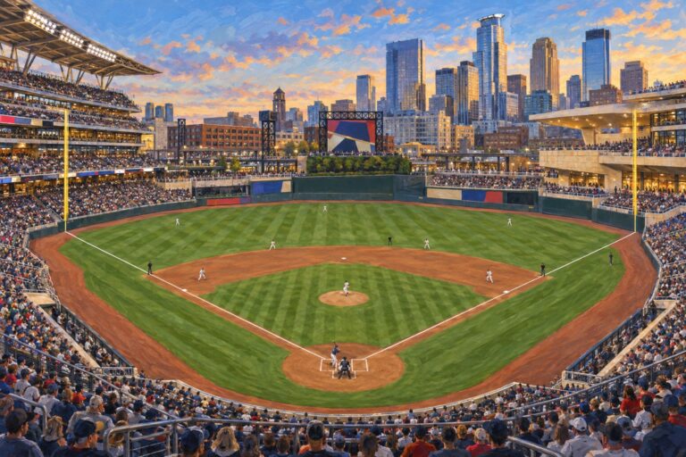 Editorial oil painting of Target Field in Minneapolis with its open-air baseball field and downtown skyline.
