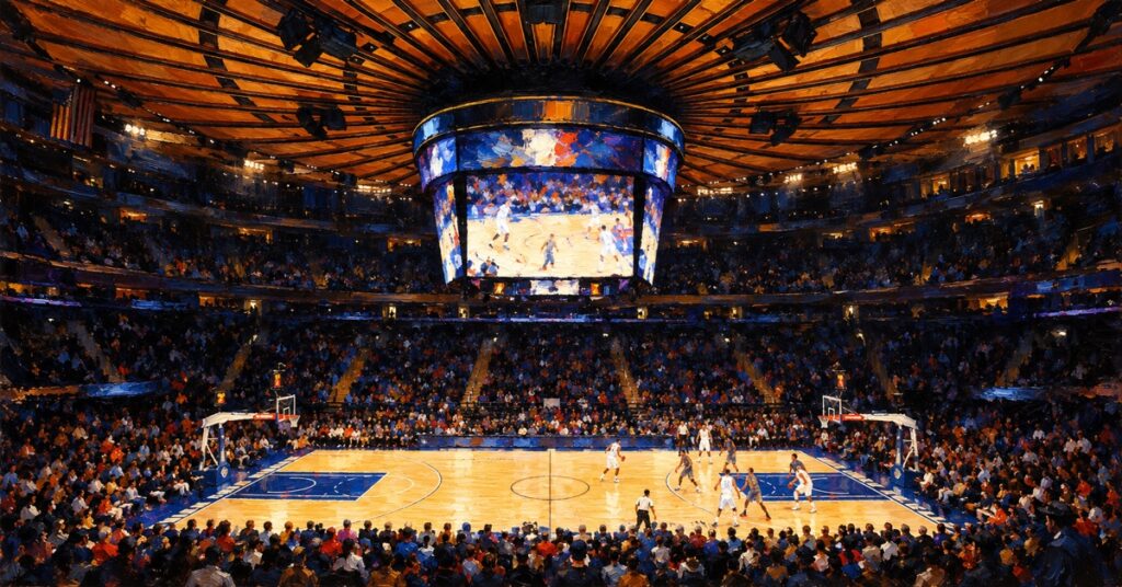 Refined editorial oil painting of a basketball game at Madison Square Garden, with anonymous figures and unbranded court and signage.
